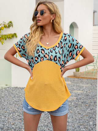 Shop Leopard Waffle-Knit Short Sleeve Top Now On Klozey Store - Trendy U.S. Premium Women Apparel & Accessories And Be Up-To-Fashion!
