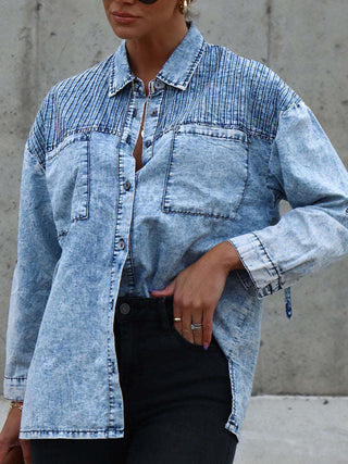 Shop Button Front Collared Denim Jacket Now On Klozey Store - Trendy U.S. Premium Women Apparel & Accessories And Be Up-To-Fashion!