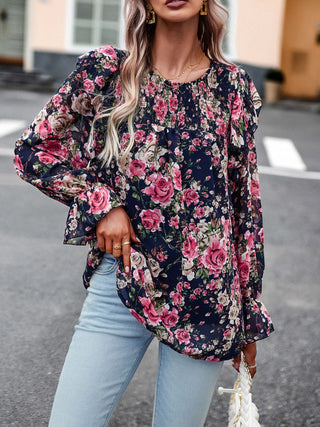 Shop Smocked Round Neck Flounce Sleeve Blouse Now On Klozey Store - Trendy U.S. Premium Women Apparel & Accessories And Be Up-To-Fashion!