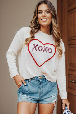 Shop XOXO Heart Round Neck Dropped Shoulder Sweater Now On Klozey Store - Trendy U.S. Premium Women Apparel & Accessories And Be Up-To-Fashion!