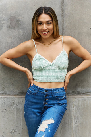 Shop Leto Gingham Daisy Trim Smocked Bustier in Sage Now On Klozey Store - Trendy U.S. Premium Women Apparel & Accessories And Be Up-To-Fashion!