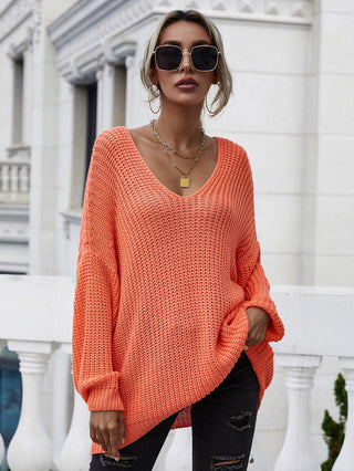 Shop Rib-Knit Drop Shoulder V-Neck Pullover Sweater Now On Klozey Store - Trendy U.S. Premium Women Apparel & Accessories And Be Up-To-Fashion!