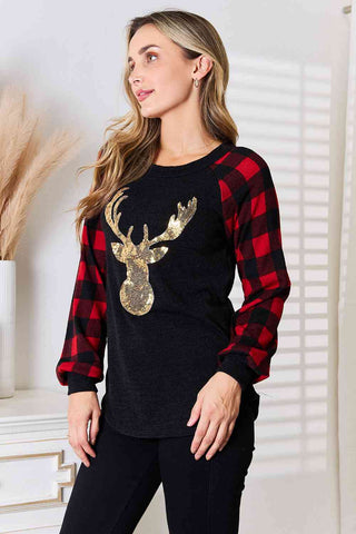 Shop Heimish Full Size Sequin Reindeer Graphic Plaid Top Now On Klozey Store - Trendy U.S. Premium Women Apparel & Accessories And Be Up-To-Fashion!