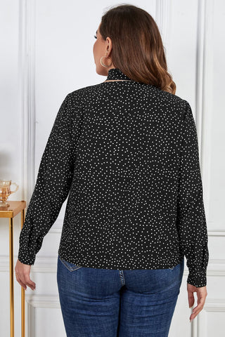 Shop Plus Size Printed Tie Neck Long Sleeve Blouse Now On Klozey Store - Trendy U.S. Premium Women Apparel & Accessories And Be Up-To-Fashion!