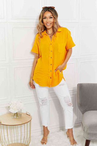 Shop Zenana Full Size Summer Breeze Gauze Short Sleeve Shirt in Mustard Now On Klozey Store - Trendy U.S. Premium Women Apparel & Accessories And Be Up-To-Fashion!