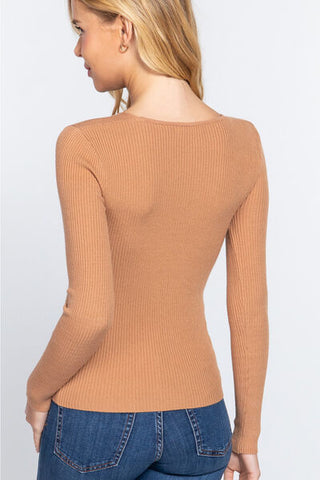 Shop ACTIVE BASIC V-Neck Fitted Viscose Rib Knit Top Now On Klozey Store - Trendy U.S. Premium Women Apparel & Accessories And Be Up-To-Fashion!