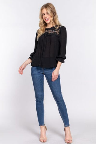 Shop ACTIVE BASIC Crochet Lace Panel Flounce Sleeve Blouse Now On Klozey Store - Trendy U.S. Premium Women Apparel & Accessories And Be Up-To-Fashion!