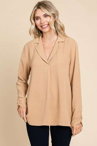Shop Culture Code Full Size Lapel Collar Ruched Long Sleeve Blouse Now On Klozey Store - Trendy U.S. Premium Women Apparel & Accessories And Be Up-To-Fashion!