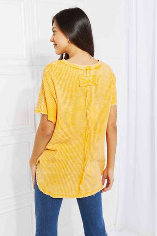 Shop Zenana Start Small Washed Waffle Knit Top in Yellow Gold Now On Klozey Store - Trendy U.S. Premium Women Apparel & Accessories And Be Up-To-Fashion!