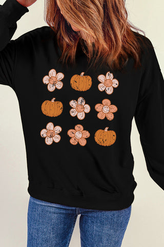 Shop Round Neck Long Sleeve Pumpkin & Flower Graphic Sweatshirt Now On Klozey Store - Trendy U.S. Premium Women Apparel & Accessories And Be Up-To-Fashion!