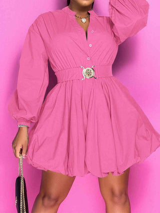 Shop Notched Button Up Balloon Sleeves Dress Now On Klozey Store - Trendy U.S. Premium Women Apparel & Accessories And Be Up-To-Fashion!