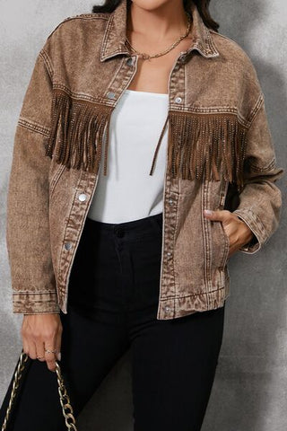 Shop Fringe Trim Snap Down Denim Jacket Now On Klozey Store - Trendy U.S. Premium Women Apparel & Accessories And Be Up-To-Fashion!