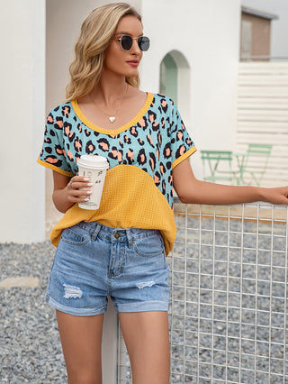 Shop Leopard Waffle-Knit Short Sleeve Top Now On Klozey Store - Trendy U.S. Premium Women Apparel & Accessories And Be Up-To-Fashion!